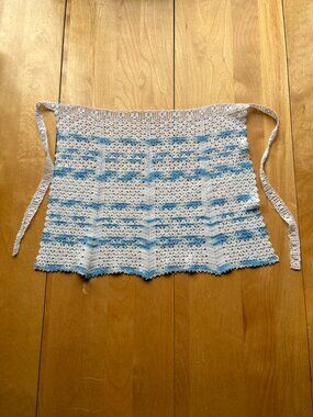 Vintage Blue and White Hand Crocheted Apron